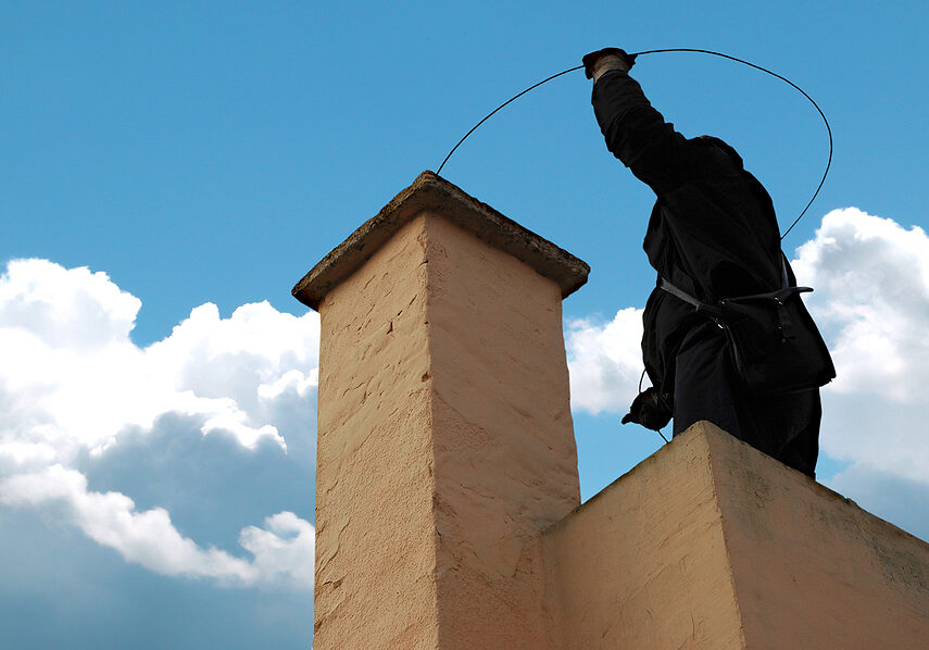 Chimney sweeper on the roof of a house
